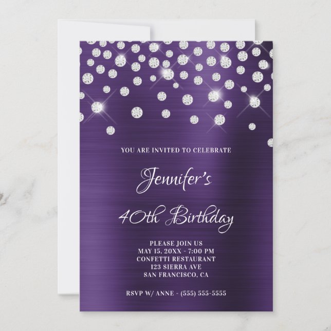 Convite Diamond Confetti Dark Violet Satin Foil Ombre (Frente)