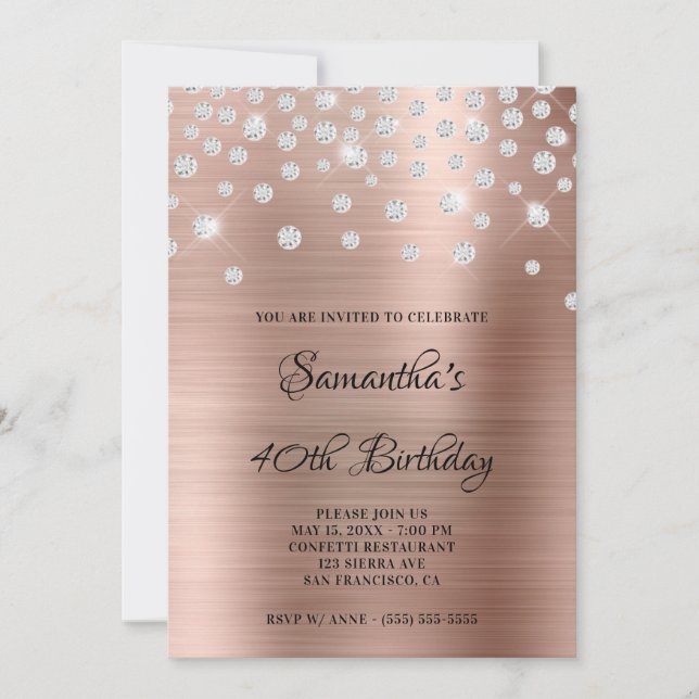 Convite Diamond Confetti Rosa Dourada Satin Foil Ombre (Frente)