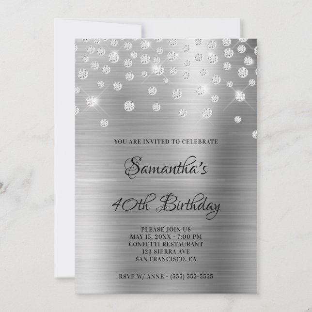 Convite Diamond Confetti Silver Satin Foil Ombre (Frente)