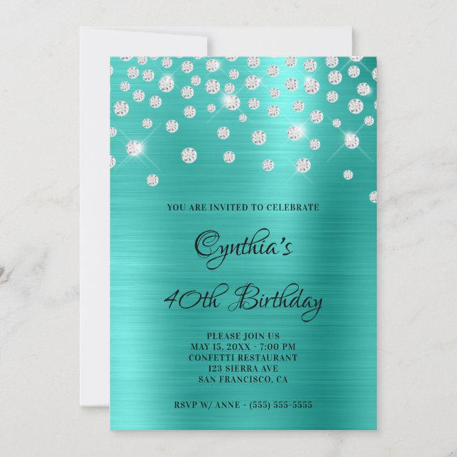 Convite Diamond Confetti Turquoise Satin Foil Ombre (Frente)