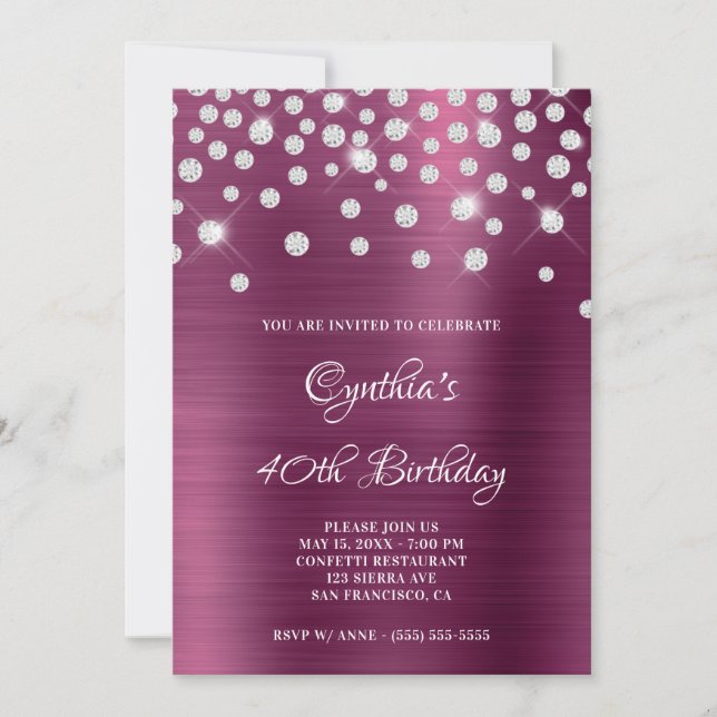 Convite Diamond Confetti Wine Satin Foil Ombre (Frente)
