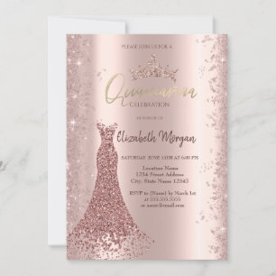 Convite Diamond Dress Rosa Dourado Glitter Quinceañera