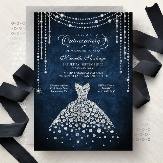 Convite Diamond Dress Sparkle Quinceanera Invitation (Criador carregado)