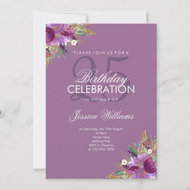 Convite Diamond Glitter Watercolor Flowers Mauve Birthday (Frente)