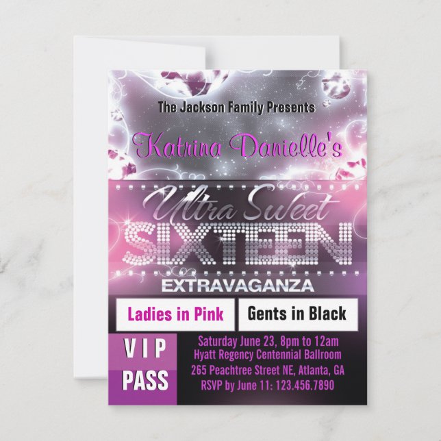Convite Diamond Glow, 16 VIP Pass Invite [Rosa] (Frente)