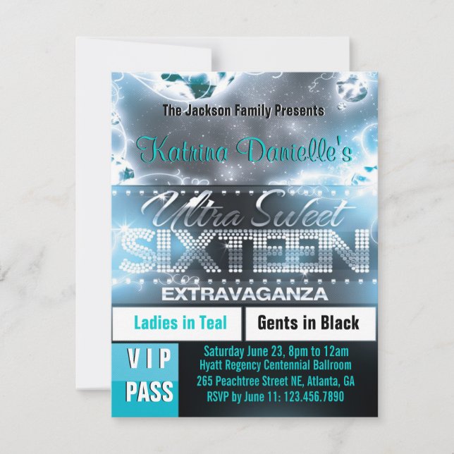 Convite Diamond Glow, 16 VIP Pass Invite [Teal] (Frente)