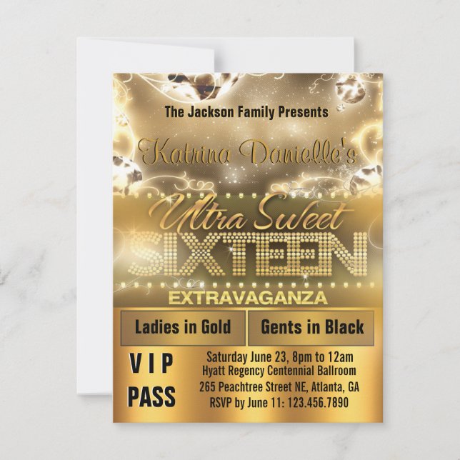 Convite Diamond Glow Sweet 16 VIP Pass Invite [Dourado] (Frente)