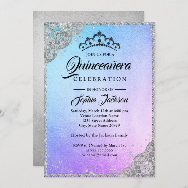 Convite Diamond Lace Sparkle Blue Purple Quinceanera (Frente/Verso)