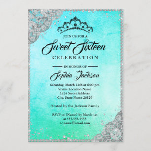 Convite Diamond Lace Sparkle Blue Teal Sweet Dezesseis
