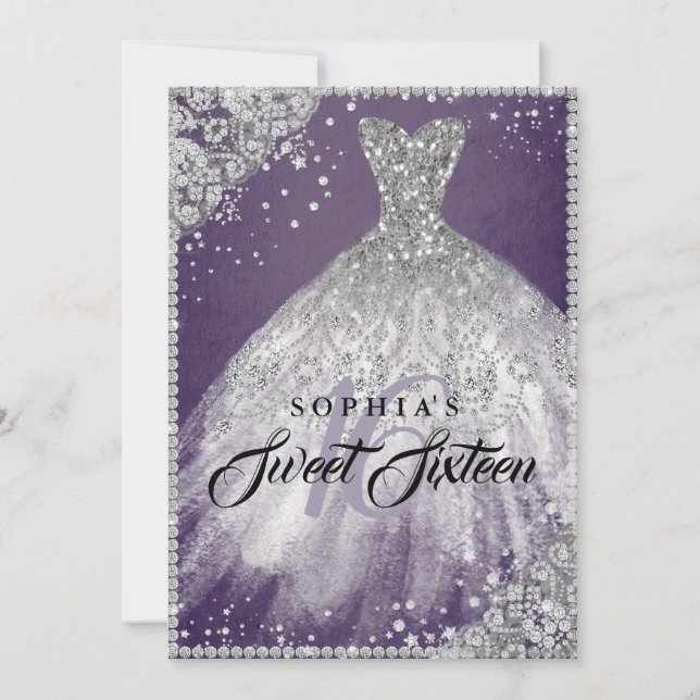 Convite Diamond Lace Sparkle Gown Purple Sweet 16 (Frente)