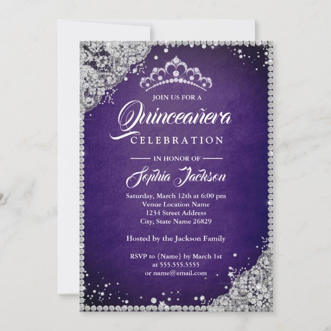 Convite Diamond Lace Sparkle Purple Silver Quinceanera (Frente)