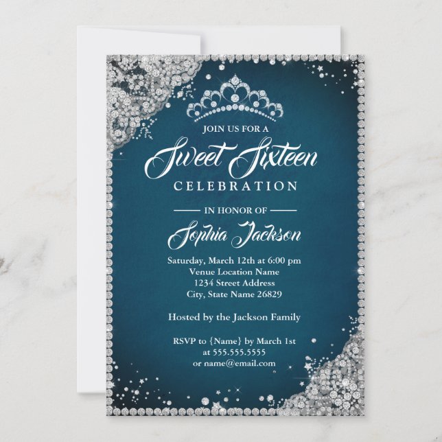 Convite Diamond Lace Sparkle Tiara Blue Silver Sweet 16 (Frente)