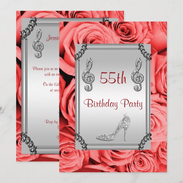 Convite Diamond Music Note, Stiletto & Rosa vermelha 55th (Frente/Verso)