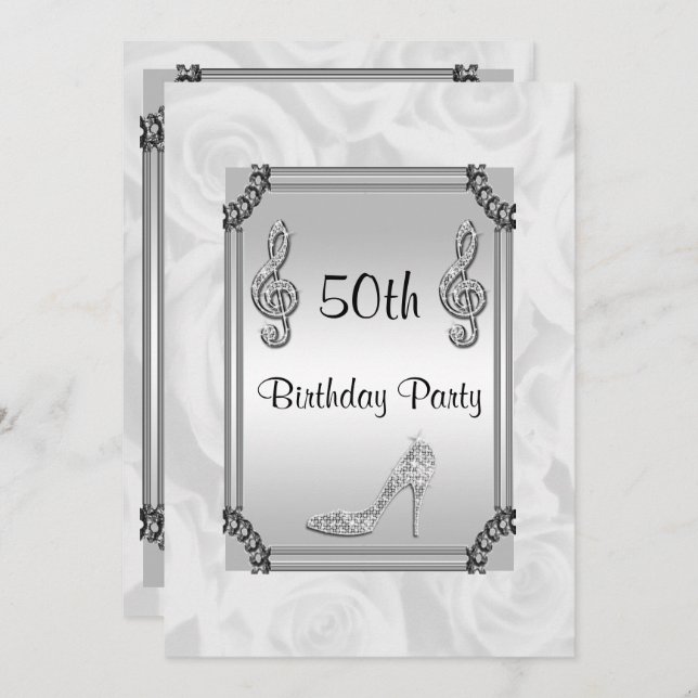 Convite Diamond Music Note, Stiletto & White Roses 50th (Frente/Verso)