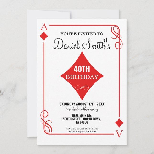 Convite Diamond Playing Card Birthday Ace Las Vegas Casino (Frente)