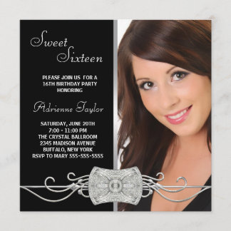 Convite Diamond Silver Black Photo Sweet Six Birthday