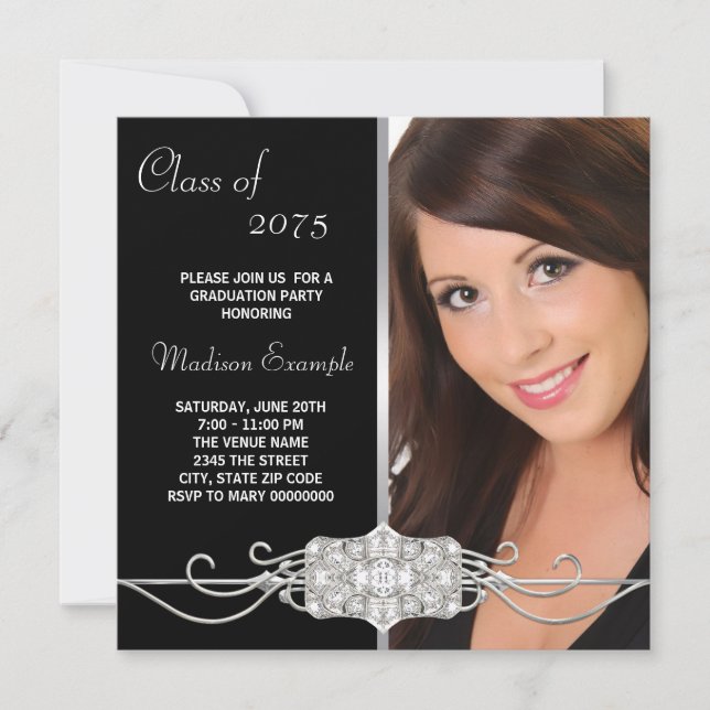 Convite Diamond Silver e Black Photo Graduation (Frente)
