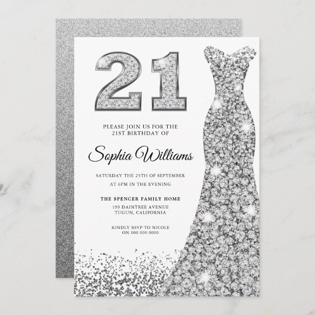 Convite Diamond Sparkle Glitter aniversário de 21 anos (Frente/Verso)