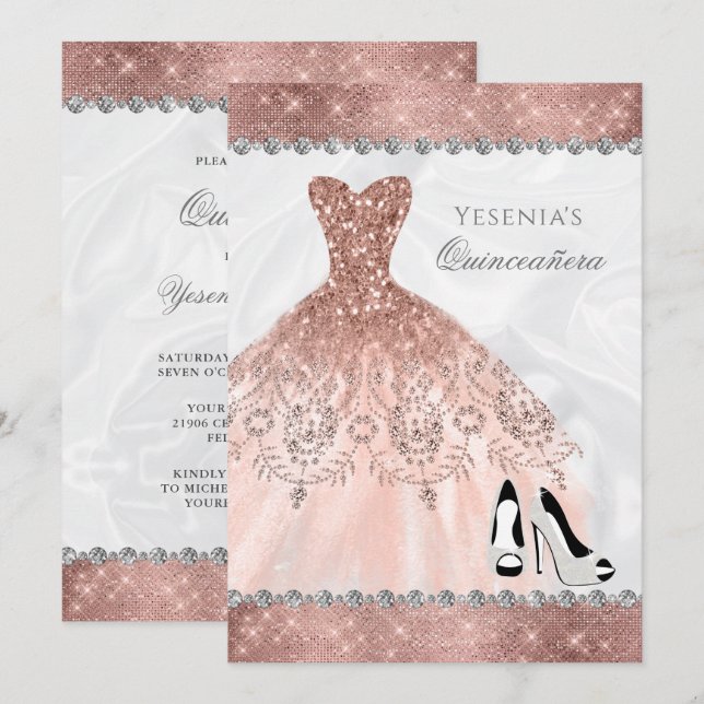 Convite Diamond Sparkle rosa Dourado Glam Quinceanera (Frente/Verso)