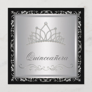 Convite Diamond Tiara Black Damask Quinceanera