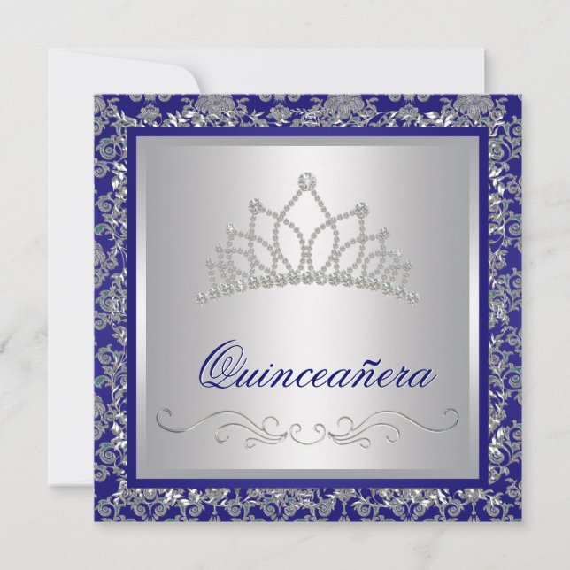 Convite Diamond Tiara Royal Marinho Blue Quinceanera (Frente)