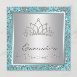 Convite Diamond Tiara Teal Blue Damask Teal Blue Quinceane