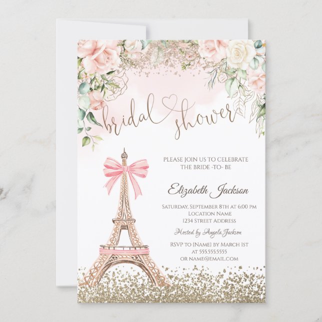 Convite Diamonds Eiffel Tower Bow Flowers Bridal Shower  (Frente)