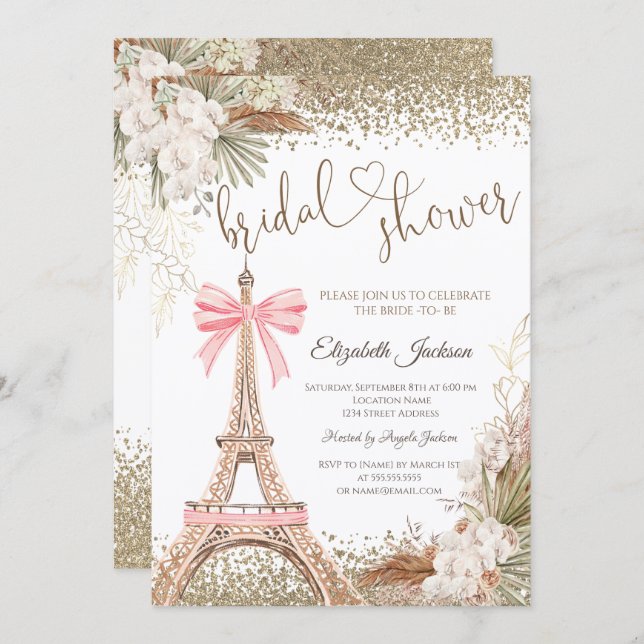 Convite  Diamonds Eiffel Tower Bow Flowers Bridal Shower  (Frente/Verso)