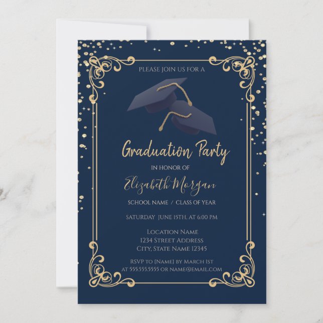 Convite Diamonds Grad Cap Frame Navy Blue Graduation (Frente)