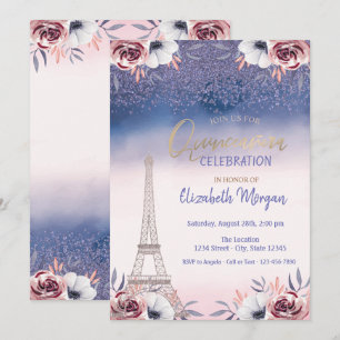 Convite Diamonds,Torre Eiffel Ombre Rosas Quinceanera