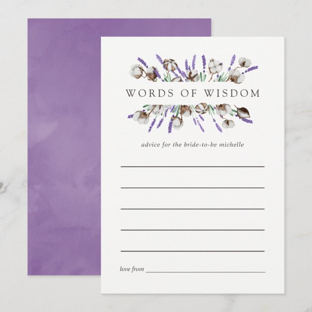 Convite Dicas de Chá de Noiva de Algodão Aquarela Lavanda (Frente/Verso)