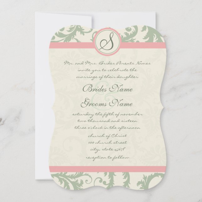 Convite Die Cut Green Dusty Rose Damask Wedding (Frente)