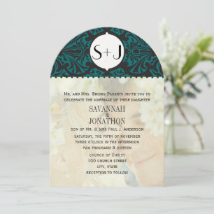 Convite Die Cut Photo Vintage Damask Emerald Green Wedding