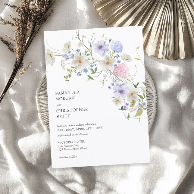 Convite Dificulta primavera boho silvestre (Delicate watercolor spring boho wildflowers invitation)