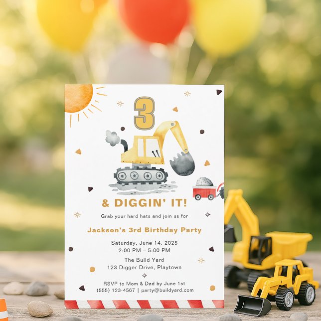 Convite Digger Truck Construction 3rd Birthday Party (Criador carregado)