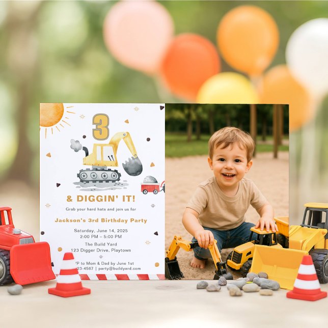 Convite Digger Truck Construction 3rd Birthday Party Photo (Criador carregado)