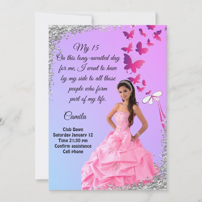Convite digital 15th birthday card, flower and butterfly  (Frente)