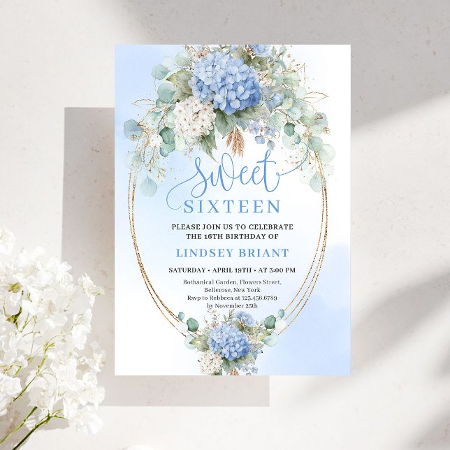 Convite Digital Blue Floral Gold Sweet Sixteen Celebration (Digital Blue Floral Sweet Sixteen Celebration Invite)