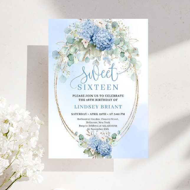 Convite Digital Blue Hydrangea Gold Sweet Sixteen Invite (Digital Blue Hydrangea Gold Sweet Sixteen Invitation)