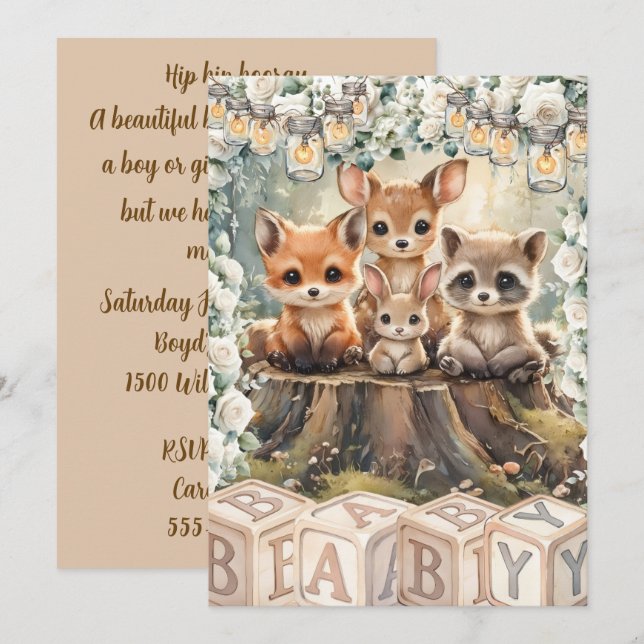 Convite Digital de Chuvinha de Animais da Floresta (Frente/Verso)
