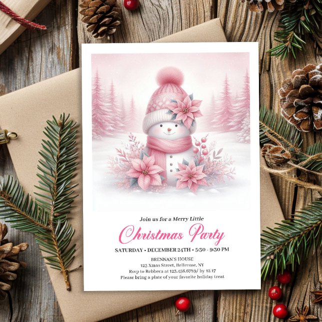 Convite Digital de Natal Boneco de Neve Rosa Sonha (Dreamy Pink Snowman Digital Christmas Invite for Kids)