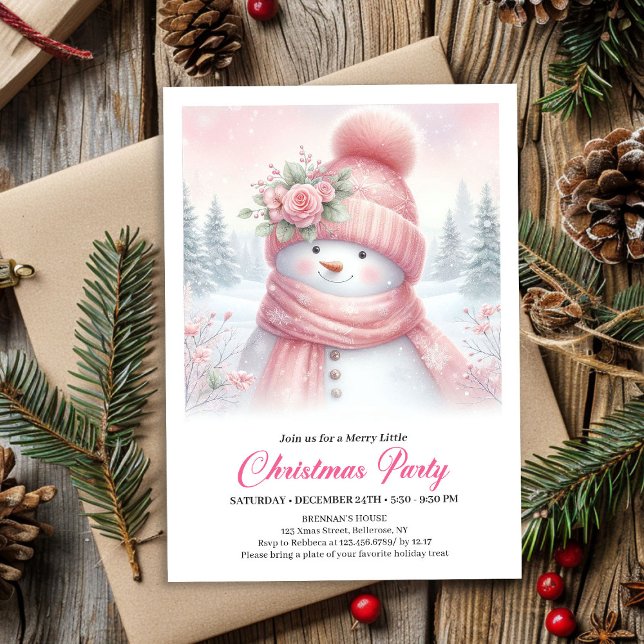 Convite Digital de Natal de Papai Noel Rosa Capric (Whimsical Pink Snowman Digital Christmas Invite for Kids)