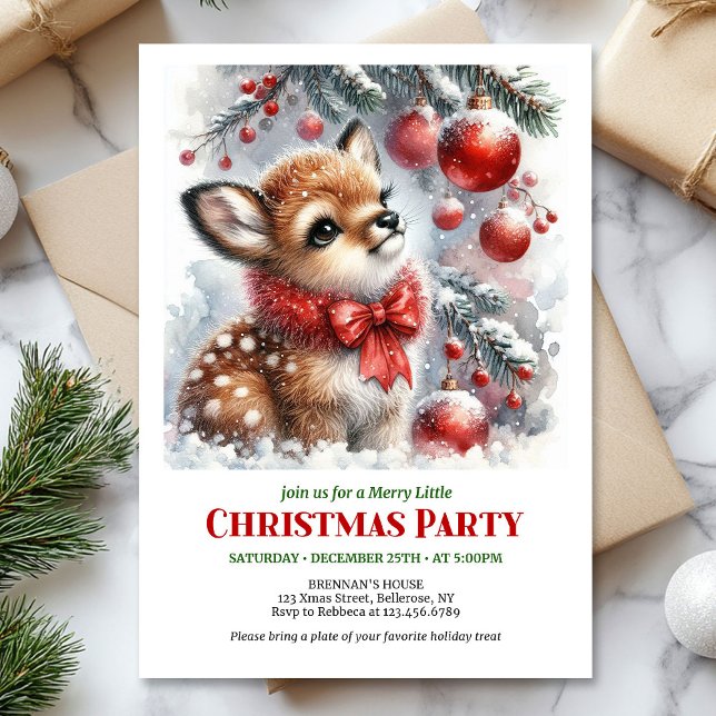 Convite digital de Natal em aquarela de cervo bebê (Sweet baby deer watercolor Christmas invite editable template)