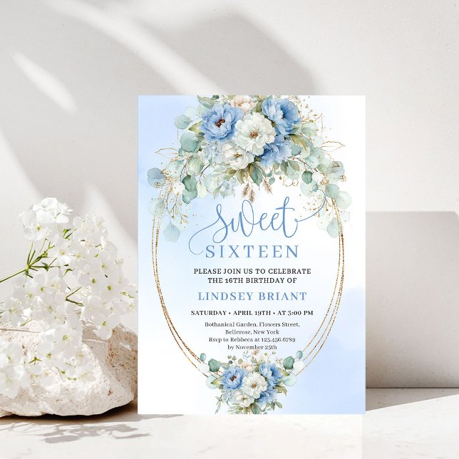 Convite Digital Dusty Blue Floral Script Sweet 16 Invite (Digital Dusty Blue Floral Script Sweet 16 Invitation)