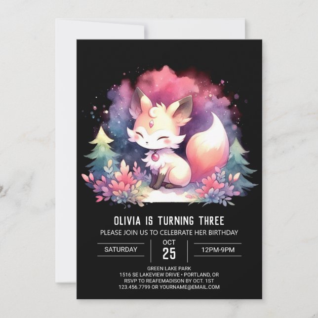 Convite Digital Elegante Dreamy Fox Birthday (Frente)