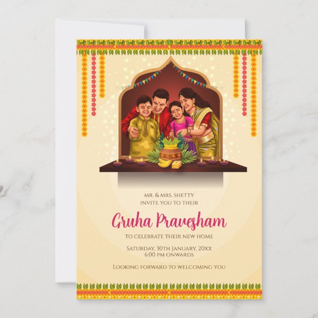 Convite Digital Gruhapravesam convida o lar indiano (Frente)