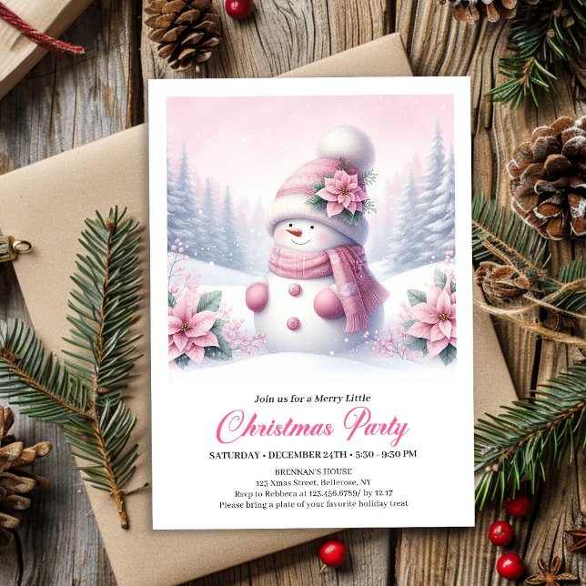 Convite Digital Infantil Floresta Nevada Fofa Bone (Cute Snowy Forest Pink Snowman Kids Invite Digital File)