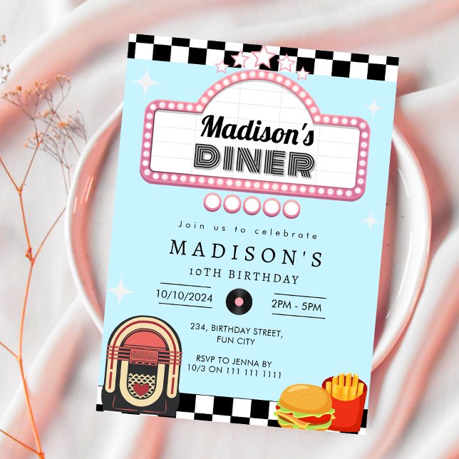 Convite Diner Retro Birthday Sock Salto Vintage 1950 (Vintage 1950s Diner Retro Birthday Sock Hop Invitation)