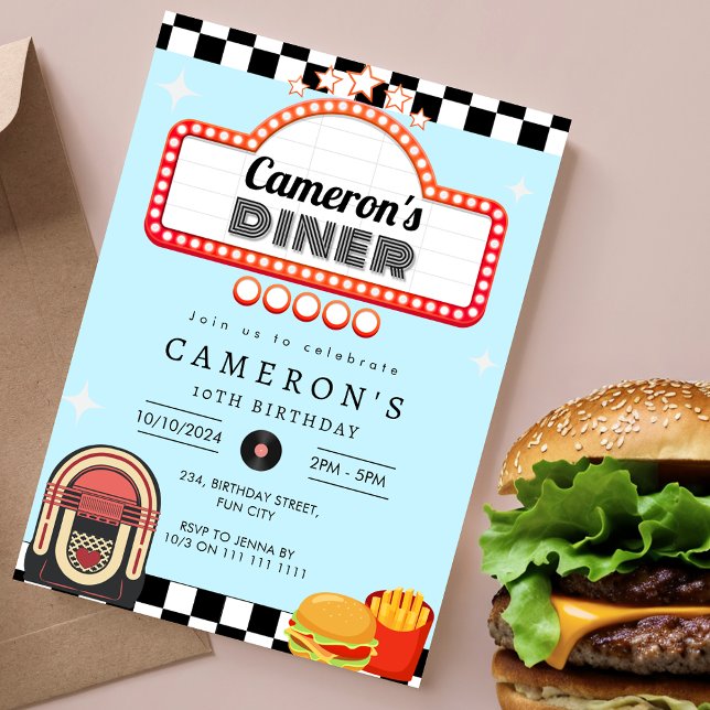 Convite Diner Retro Birthday Sock Salto Vintage 1950 (Vintage 1950s Diner Retro Birthday Sock Hop Invitation)