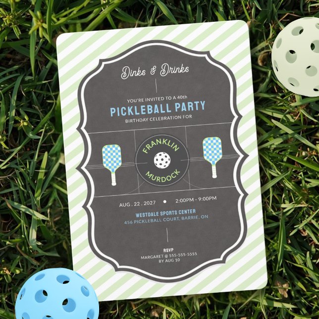 Convite Dinks and Drinks Green & Blue Pickleball Birthday  (Striped Green Pickleball Birthday Invitation)